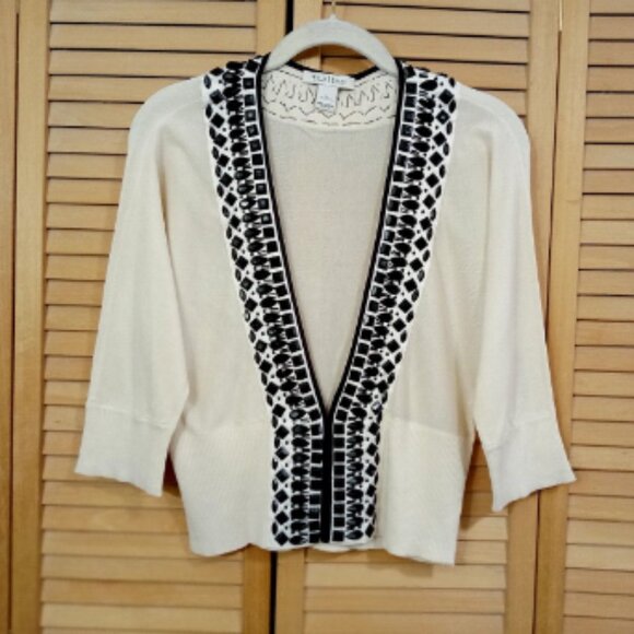 White House Black Market Sweaters - WHBM Cream & Black Embellished Silk Blend Shrug L